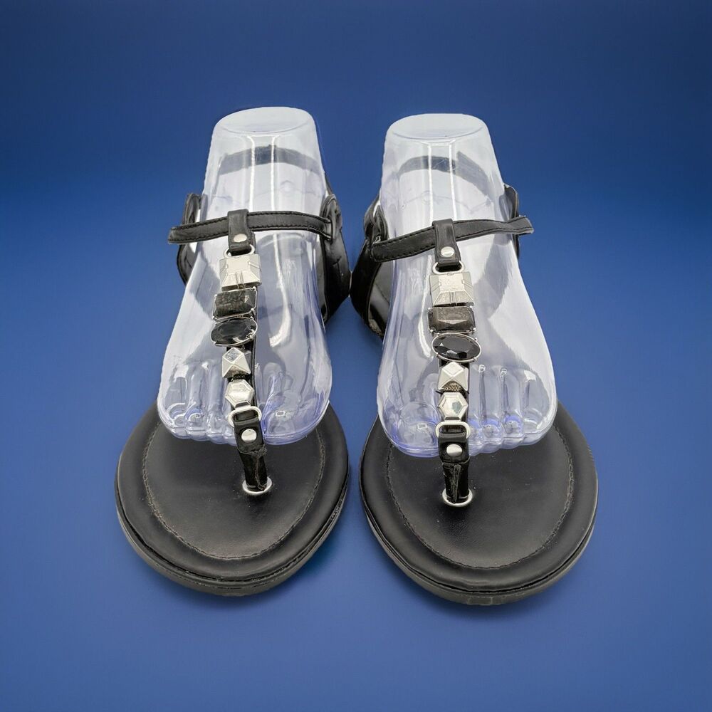 Joe Boxer Declan Black Silver T-Strap Rhinestones Studded Sandals Flats Size 10